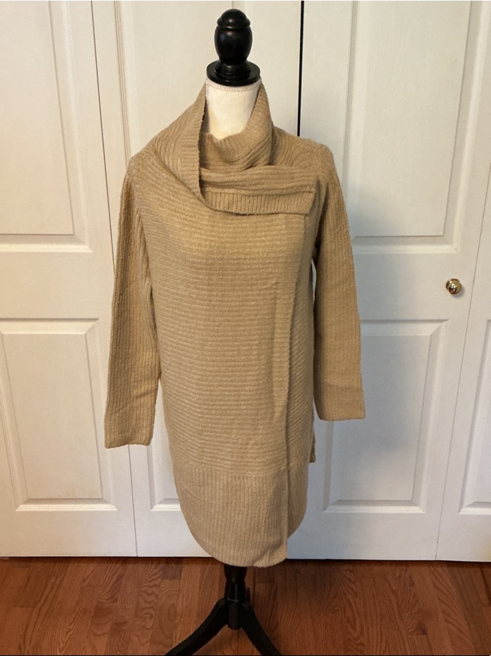 Michelle Nicole Beige Ribbed Asymmetric Collar Tunic Sweater